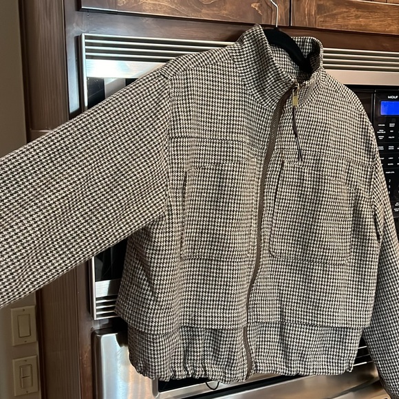 DEMOCRACY MINI CHECK ZIP FRONT BOMBER JACKET OLIVE BROWN TWEED HOUNDSTOOTH MED - Picture 5 of 14